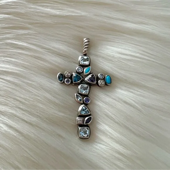 RARE David Yurman confetti diamond topaz turquoise cross pendant - Picture 10 of 11